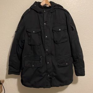 DKNY Men’s Size XL Black Hooded Military Parka Coat With Removable Sherpa Lining